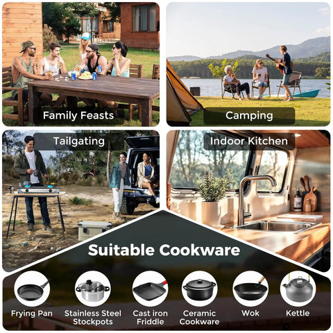 Collage showing usage of Grillin Ready Portable Double Burner Propane Stove with family feasts, camping, tailgating, indoor kitchen