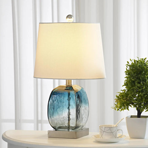 Coastal Glass Table Lamp Set Of 2 For Living Room And Nightstand Blue Bedside Lamps With USB Port 3 Way Dimmable Glass Bedroom Lights