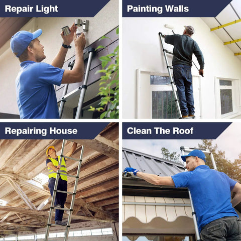 Men using Aluminum Telescoping Extension Ladder 12.5 ft With Locking Mechanism for light repair, wall painting, roof cleaning, house repair.