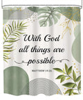 Bible Verse Shower Curtain Boho Green Leaves Modern Minimalist Bathroom Decor 60 by 72 Inches Polyester Water Resistant Quick Dry With 12 Hooks Included, with botanical design and scripture text.