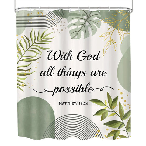 Bible Verse Shower Curtain Boho Green Leaves Modern Minimalist Bathroom Decor 60 by 72 Inches Polyester Water Resistant Quick Dry With 12 Hooks Included, with botanical design and scripture text.