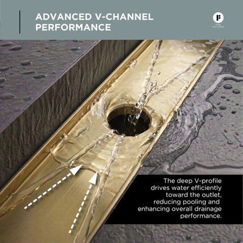 Rugged 42 Inch Linear Shower Drain With Flip Style Tile Cover And Sleek Satin Brass Trim crafted from bulletproof 304 stainless steel with water drainage.