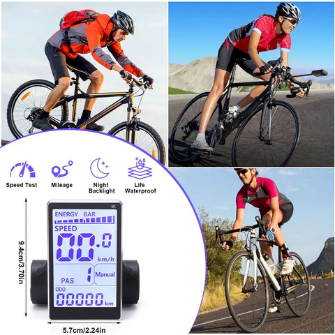 Cyclists using Universal LCD Bike Display Panel For 24V 36V 48V 60V E Bikes And Scooters, 5 Pin M5 Control Meter shown on screen.