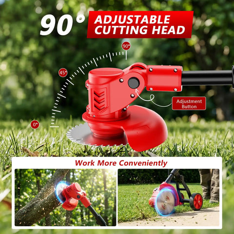 Cordless Electric Weed Wacker 4 In 1 showing adjustable cutting head at different angles for lawn trimming in big yards.
