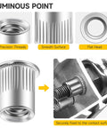 Solid 50 Pack 3/8 304 Stainless Steel Rivet Nuts displayed with precision threads, smooth surface, and flat head for auto repair.