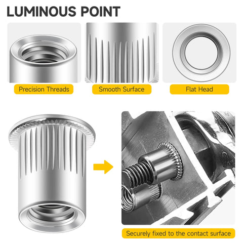 Solid 50 Pack 3/8 304 Stainless Steel Rivet Nuts displayed with precision threads, smooth surface, and flat head for auto repair.