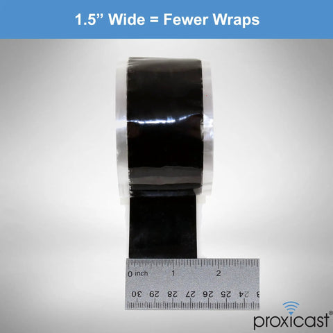 Beefy 30 Mil Weatherproof Self Fusing Silicone Sealing Tape For Outdoor Coax Cables Electrical Wire Hoses And Pipes Heavy Duty Waterproof Repair Roll 1.5 Inch By 15 Feet Black, front view with ruler