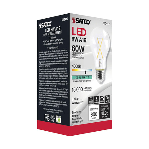 Dimmable LED Filament A19 Bulbs 8W 4000K 90 CRI Clear Glass Medium Base 120V 24 Pack For Home And Hotel Use Lit Displays And Commercial Projects High Lumens Energy Efficient Lighting on product box