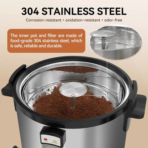 Commercial Coffee Urn 70 Cup Electric Coffee Dispenser Stainless Steel Hot Beverage Dispenser 10.7L Capacity For Parties Restaurants Offices And Homes showing 304 stainless steel interior with filter.