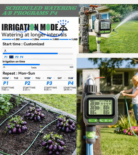 Four Zone Smart Sprinkler Timer With IP65 Waterproof Hose Timer No Fuss Auto And Manual Modes displaying settings interface