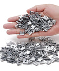 Hand holding 900 Pcs Rabbit And Chicken Wire Cage Clips with Fence Pliers All In One Hog Rings Snap Ring Pliers Wire Clamp Tool