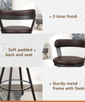 Set Of Two Built Different Swivel Bar Stools With Cushy Leather Seats And Heavy Duty Metal Frame At 30 Inch Counter Height With Solid Footrail In Warm Brown close-up of soft padded seat and sturdy metal frame.