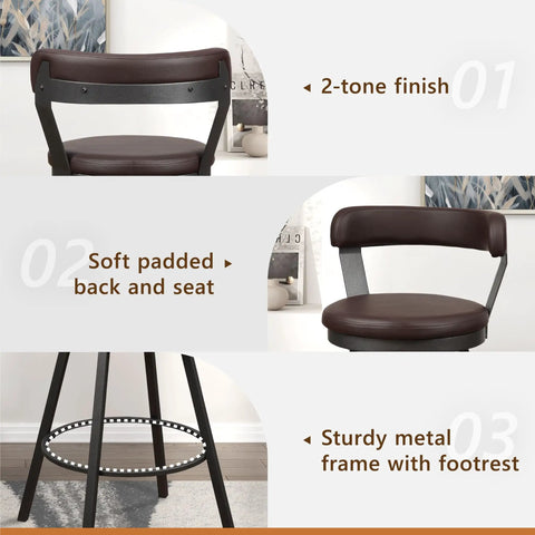 Set Of Two Built Different Swivel Bar Stools With Cushy Leather Seats And Heavy Duty Metal Frame At 30 Inch Counter Height With Solid Footrail In Warm Brown close-up of soft padded seat and sturdy metal frame.