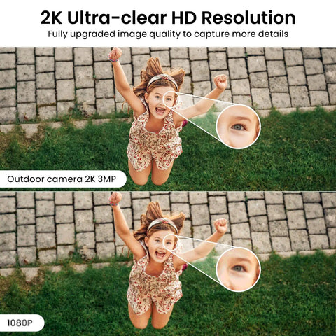 Comparison of 2K ultra-clear HD resolution showing enhanced image quality for home surveillance with 2K Indoor Outdoor Security Cameras Bundle.
