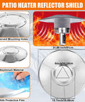Diagram showing 2 Pack Aluminum Patio Heater Reflector Shields with dimensions and protective film, easy install design.