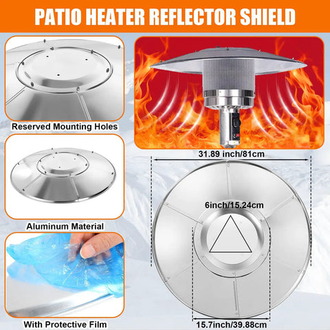 Diagram showing 2 Pack Aluminum Patio Heater Reflector Shields with dimensions and protective film, easy install design.
