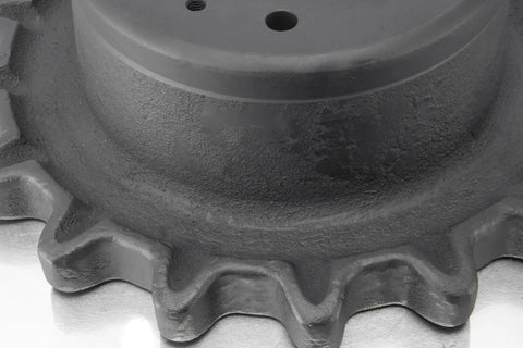 Close-up of Bulletproof Track Drive Sprocket With Nine Holes And Seventeen Teeth single speed undercarriage replacement, hardened steel gear.