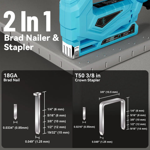 Top Shelf Cordless Nail Gun And 2in1 Brad Nailer Staple Gun With 18V Built Battery demonstrating brad nailer and stapler features.
