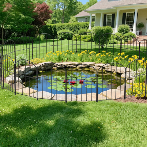Decorative Garden Fence For Yard And Patio, Rustproof Black Metal Barrier Panels, 10-Panel Set around garden pond