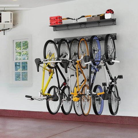 Wall Mounted Bike Storage Rack With Shelf, 6 Bike Hangers For Garage, Space Saving Wall Mount Holds Up To 600 Lbs, Includes Two Storage Shelves For Helmets And Gear