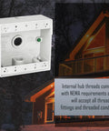 Two Gang White Weatherproof Junction Box Four Point Five By Four Point Five Inch Two Inch Deep With Three Half Inch Threaded Holes Beefy Die Cast Metal Construction Powder Coated Finish Outdoor Electrical Box For Outlets And Branch Circuit Wiring next to a cabin.