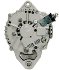 Front view of a remanufactured automotive alternator with high temp bearings and double lip seals for less friction and quieter operation.