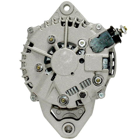 Front view of a remanufactured automotive alternator with high temp bearings and double lip seals for less friction and quieter operation.