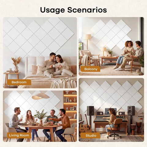 Usage scenarios of Square Acoustic Panels 12 By 12 By 0.4 Inches High Density Polyester Sound Absorbing Panels in various rooms.