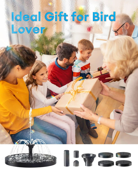 Family exchanging gifts with Sun Powered Bird Bath Fountain With Six Nozzles. Fountain shown with nozzle attachments.
