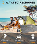 Couple on beach next to tent and Portable Power Station 120W 240W Peak Solar Generator with solar panels for camping.