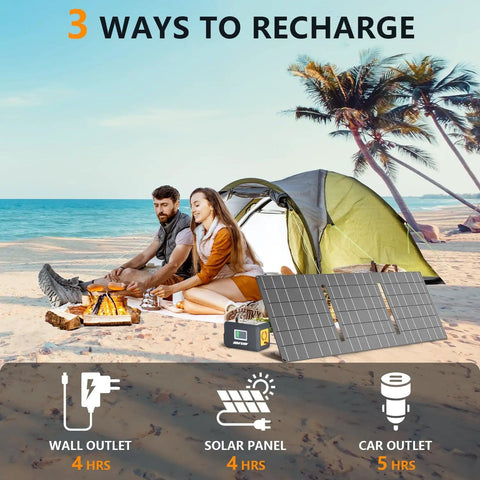 Couple on beach next to tent and Portable Power Station 120W 240W Peak Solar Generator with solar panels for camping.