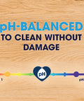 Image showing text 'pH-BALANCED TO CLEAN WITHOUT DAMAGE' on wood texture with pH scale graphic below.
