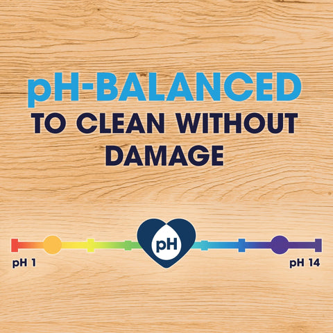 Image showing text 'pH-BALANCED TO CLEAN WITHOUT DAMAGE' on wood texture with pH scale graphic below.