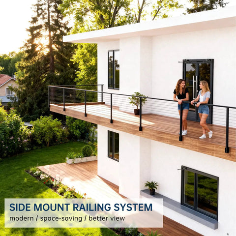 Slick Black Swageless Cable Railing Kit For Decks And Patios T316 Stainless Steel side mount setup with two women on a balcony.