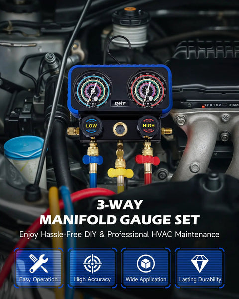 Three Way AC Manifold Gauge Set With Five Foot Hoses For R410A R32 R22 And R454B Refrigerants Includes Safety Valves Adapters Valve Core Wrench And High Accuracy 2.6 Inch Gauges For Pro Grade Diagnostics on engine bay