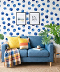 Super Sleek Blue And White Polka Dot Peel And Stick Wallpaper For Kids Rooms And Nurseries Zero Mess Peel And Apply Removable Self Adhesive Vinyl Watercolor Accent Wall Decor Refresh on living room wall with blue sofa and decorative pillows.