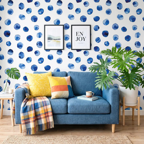 Super Sleek Blue And White Polka Dot Peel And Stick Wallpaper For Kids Rooms And Nurseries Zero Mess Peel And Apply Removable Self Adhesive Vinyl Watercolor Accent Wall Decor Refresh on living room wall with blue sofa and decorative pillows.
