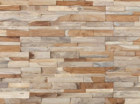 Close-up of Teak 3D Wood Wall Panels Set Of 10 Handmade Unique Planks Premium DIY Wall Decor Real Teak Wood showcasing rustic texture.