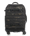 Axis V2 28L Rolling Camera Backpack in camo, 4-wheel spinner, front view showing intricate strap details.