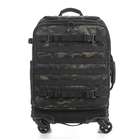 Axis V2 28L Rolling Camera Backpack in camo, 4-wheel spinner, front view showing intricate strap details.