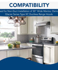 Modern kitchen featuring Replacement Charcoal Filter XC for Dual Filter Ductless Range Hoods 2 Pack, non-duct installation.