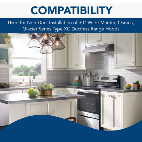 Modern kitchen featuring Replacement Charcoal Filter XC for Dual Filter Ductless Range Hoods 2 Pack, non-duct installation.
