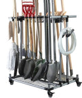 Heavy Duty Garden Tool Organizer And Garage Storage Rack For Long Handled Tools Shovels Rakes And Small Accessories Metal Tool Cart Holds Up To 22 Long Tools Space Saving Durable Yard Maintenance Stand with assorted garden tools