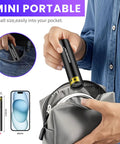 Person placing 365 Nanometer Mini Black Light UV Flashlight With USB Rechargeable Power into pocket and gray bag.