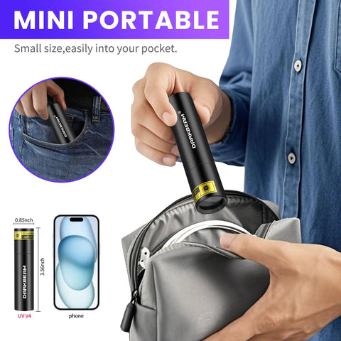 Person placing 365 Nanometer Mini Black Light UV Flashlight With USB Rechargeable Power into pocket and gray bag.