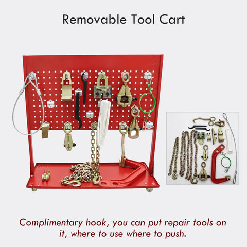 Red removable tool cart with chains and hooks for a 10 Ton Auto Frame Straightener And Beam Alignment Tool For Car Body Repair