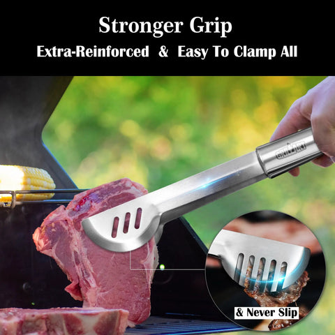 Using tongs from Complete 19-Piece BBQ Grill Utensil Set With Stainless Steel Tools And Aluminum Storage Case to grill steak