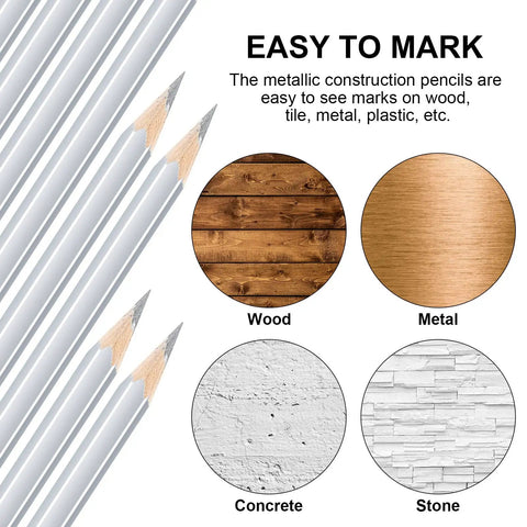 48 Pack Silver Welding Pencils For Metal And Woodworking Durable Wooden Marking Pencils With Strong Lead Safe Construction Tool For Builders Trades Pros Teachers Students Shop Or Office image showing pencils and materials like wood, metal, concrete, and stone.