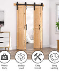 60x84 Bi Fold Barn Door Set With 66 Inch Hardware Kit For Four Doors No Assembly Easy Install Solid Spruce Wood Folding Doors Barn Door Hardware And Double Sided Handle Pulls Included installed in living room