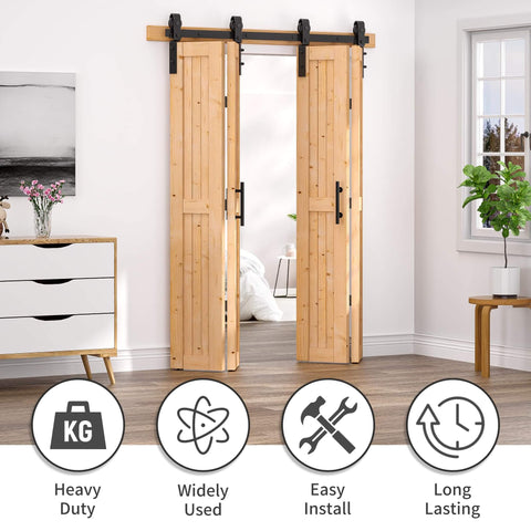 60x84 Bi Fold Barn Door Set With 66 Inch Hardware Kit For Four Doors No Assembly Easy Install Solid Spruce Wood Folding Doors Barn Door Hardware And Double Sided Handle Pulls Included installed in living room
